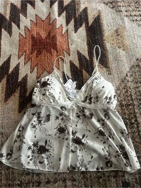 Sheer Floral Lace Trim Babydoll Cami - Cream & Brown